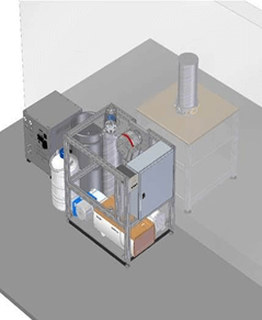 A full CAD rendering of the complete system Including the cryogen handling system in a typical laboratory setting. Howard will commit space and support infrastructure to commission this instrument and support its operation.